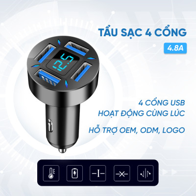 Tẩu Sạc 4 Cổng USB 4.8A | Tẩu Sạc 4 Cổng USB Sạc Được Nhiều Thiết Bị Cùng Lúc, Tương Thích Với Nhiều Thiết Bị