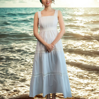 Đầm Maxi Trắng Cotton Hai Dây Đi Biển Du Lịch Resorts Thơ DRE092 Thời trang Hity