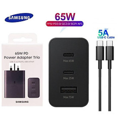 Bộ dây và củ sạc siêu nhanh samsung 65w type C, sạc 3 thiết bị cùng lúc, dùng cho Samsung S22, S22 Plus, S22 Ultra, S21/plus/ultra, Note 20/ultra, S20, Note 10/plus, S10/10plus, Note 9, S9/plus, Note 8, S8/plus - Hàng chính hãng